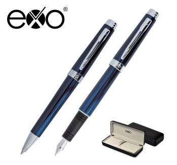 Zestaw (pióro wieczne i długopis) EXO Sagitta, niebieski, wykończenia chromowane
