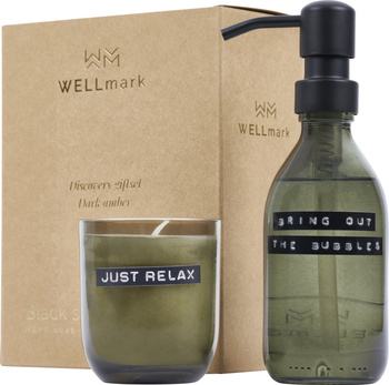 Wellmark Discovery dozownik mydła do rąk o pojemności 200 ml i zestaw świec zapachowych 150 g - o zapachu ciemnego bursztynu