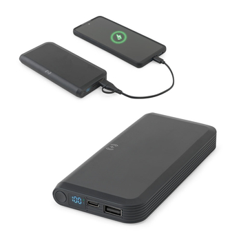 BECKER 10. Power bank o pojemności 10 000 mAh wykonany z ABS pochodzącego z recyklingu (100% rABS) z superszybką ładowarką bezprzewodową o mocy 15 W