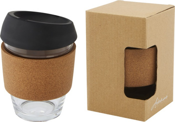 Lidan Szklany kubek o pojemności 360 ml z korkowym uchwytem i silikonową pokrywką